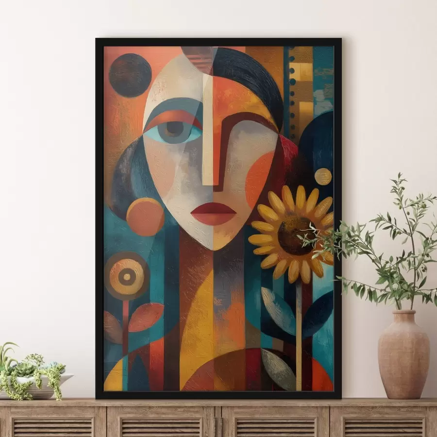Papier peint Portrait abstrait d'une jeune fille avec des fleurs, dans un style ethnique f49227