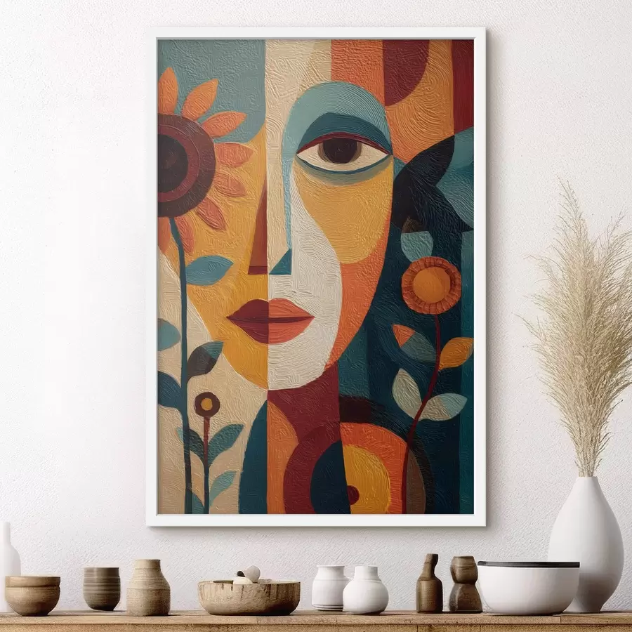 Papier peint Portrait abstrait d'une jeune fille avec des fleurs, dans un style ethnique f49228