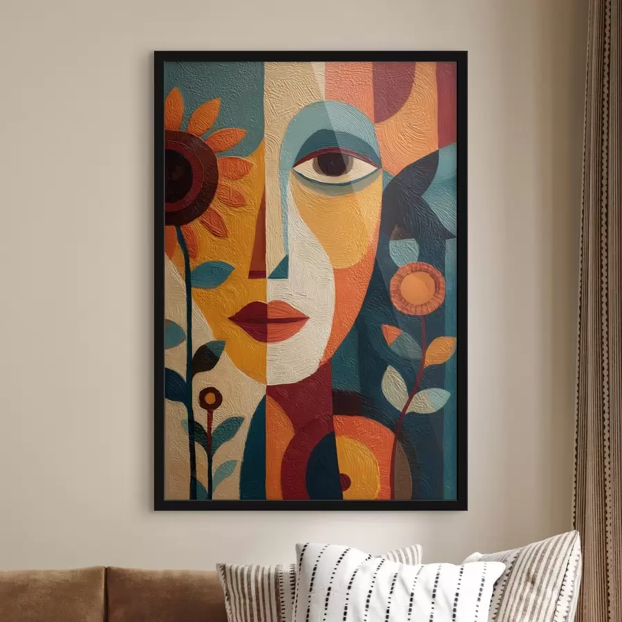 Papier peint Portrait abstrait d'une jeune fille avec des fleurs, dans un style ethnique f49228