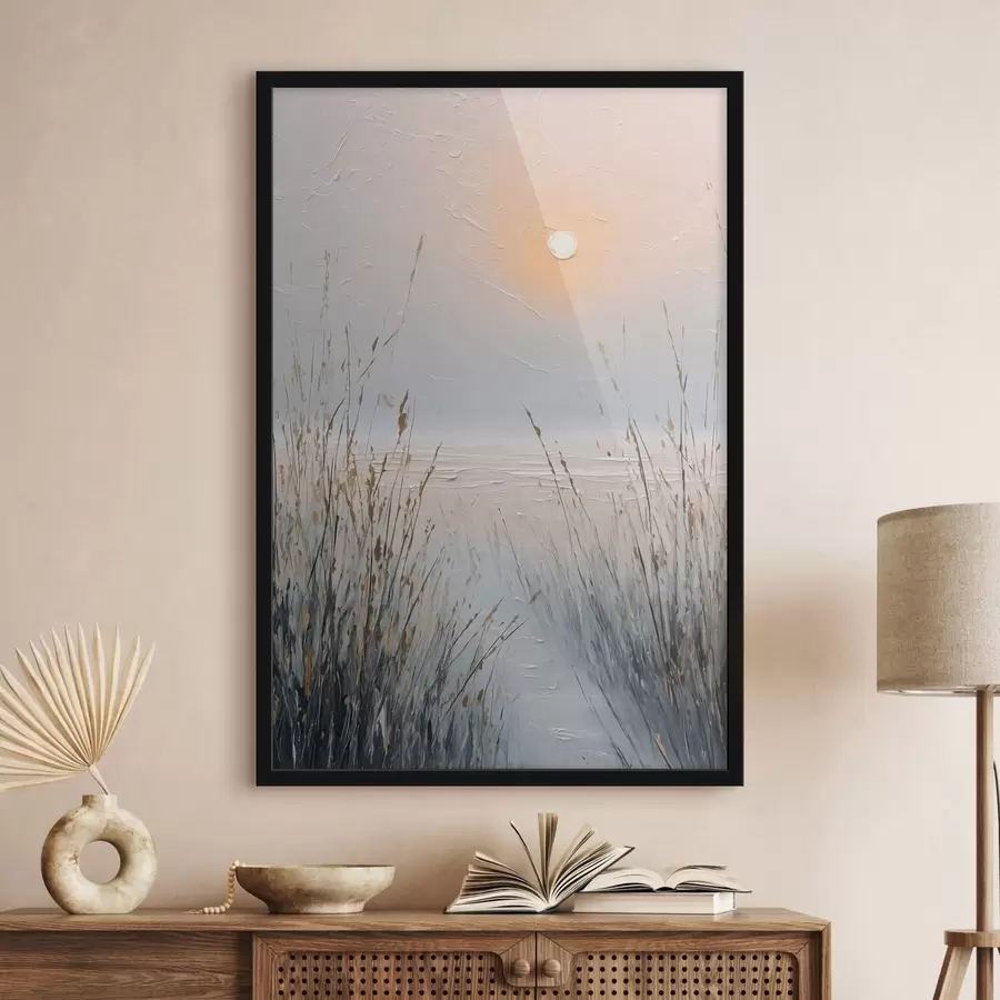 Papier peint Un coucher de soleil brumeux au milieu des herbes f49236