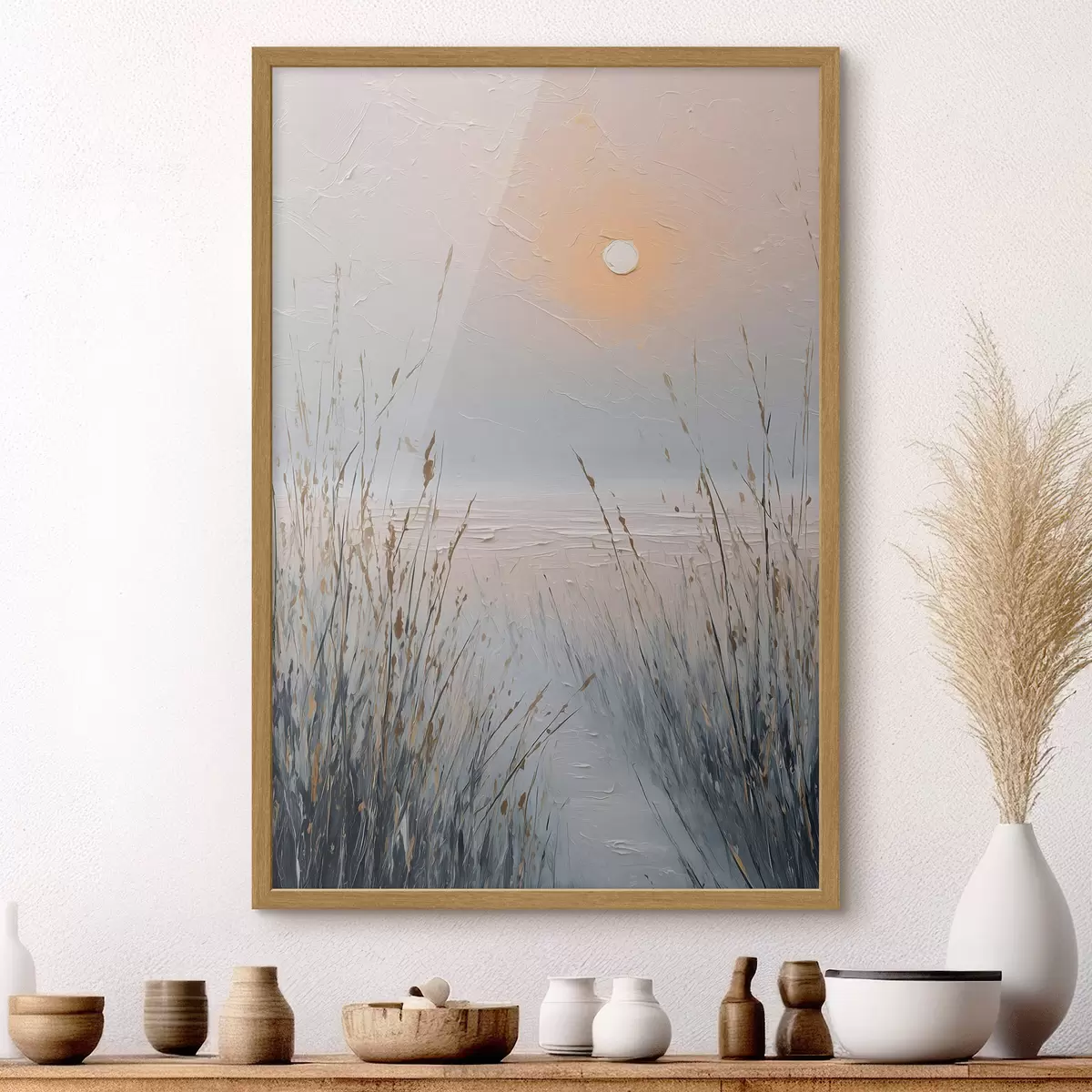 Poster Un coucher de soleil brumeux au milieu des herbes f49236