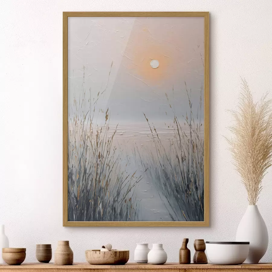 Papier peint Un coucher de soleil brumeux au milieu des herbes f49236