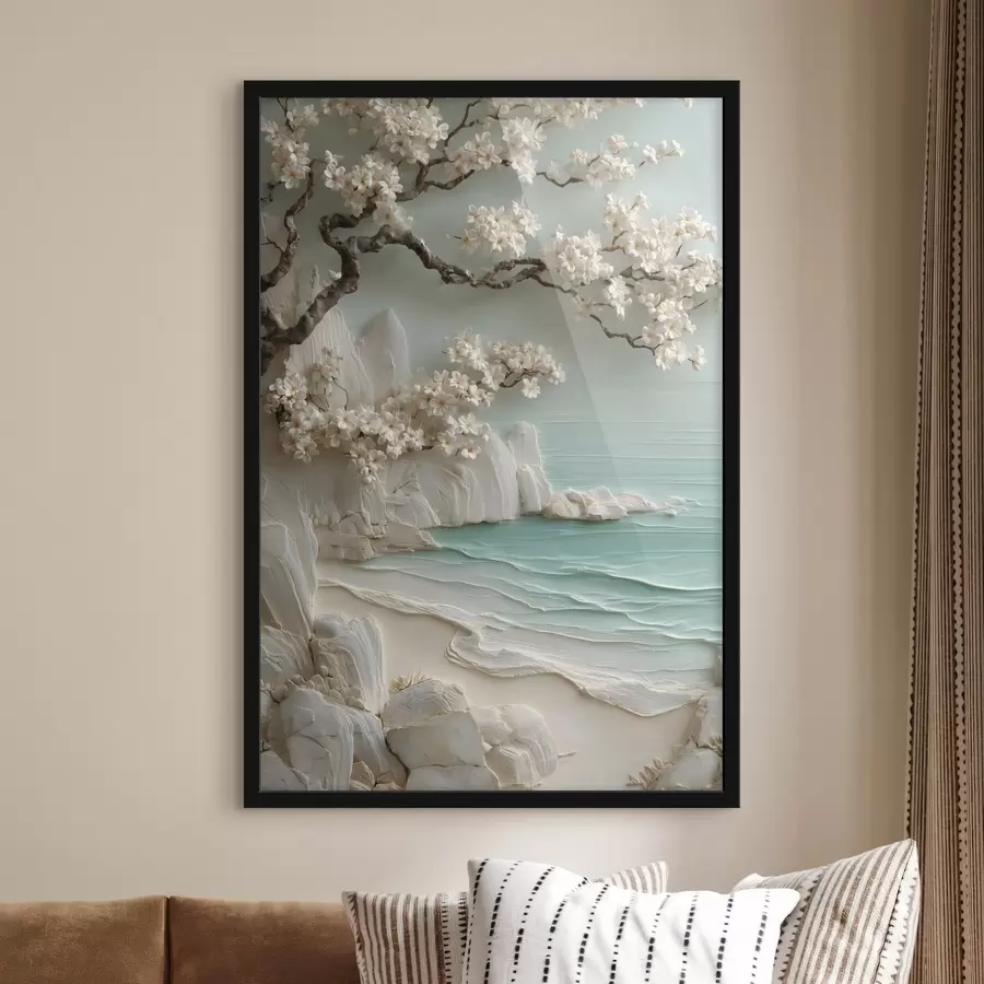 Papier peint Un arbre en fleurs au bord de la mer, représenté en bas-relief f49248