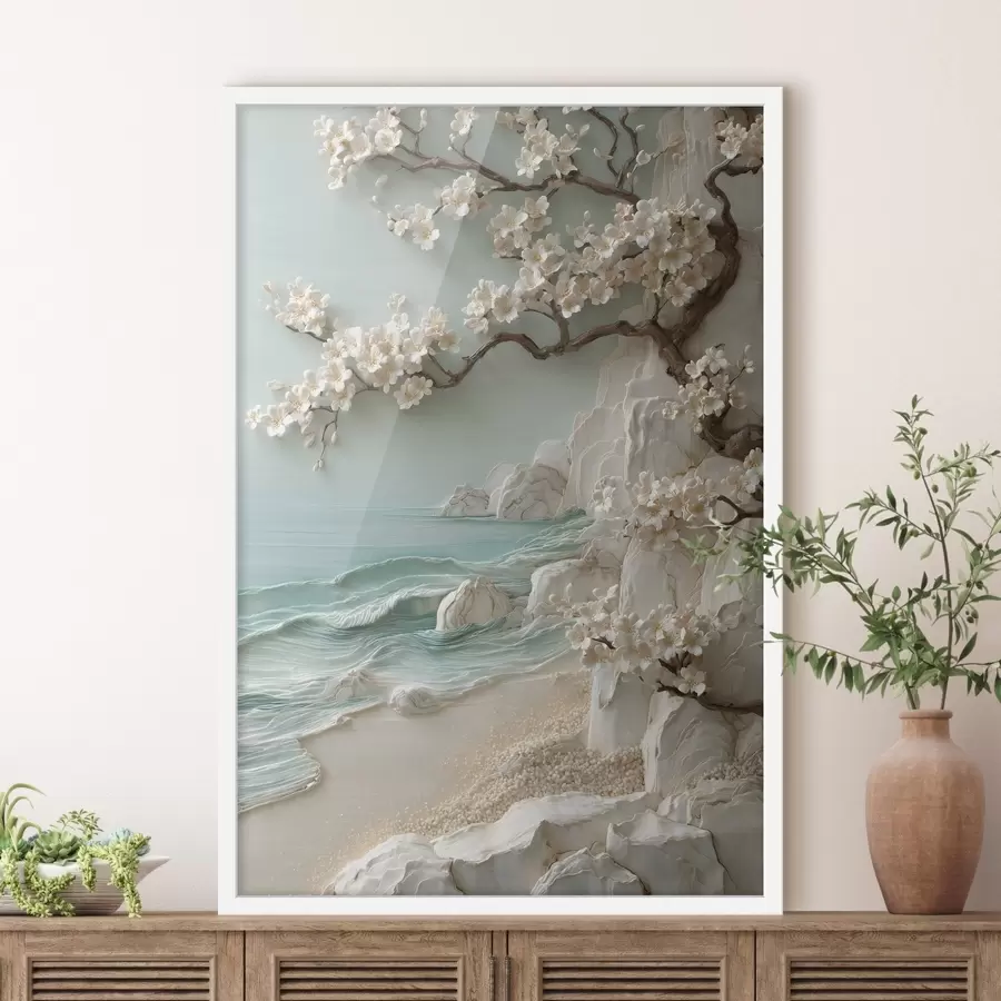 Papier peint Un arbre en fleurs au bord de la mer, représenté en bas-relief f49249