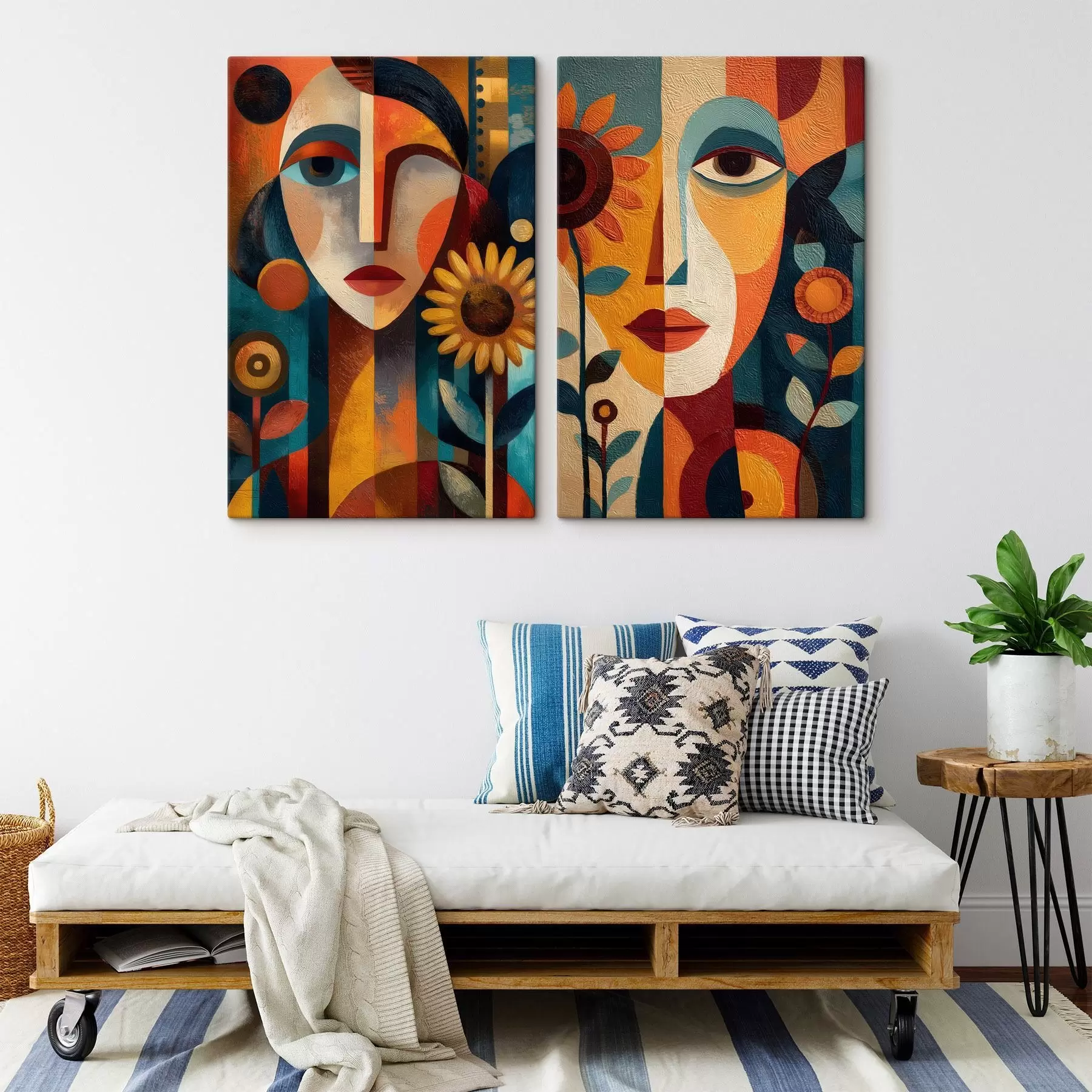 Tableau Portraits abstraits de jeunes filles avec des fleurs, dans un style ethnique m30532