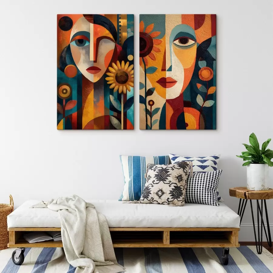 Tableau Portraits abstraits de jeunes filles avec des fleurs, dans un style ethnique m30532