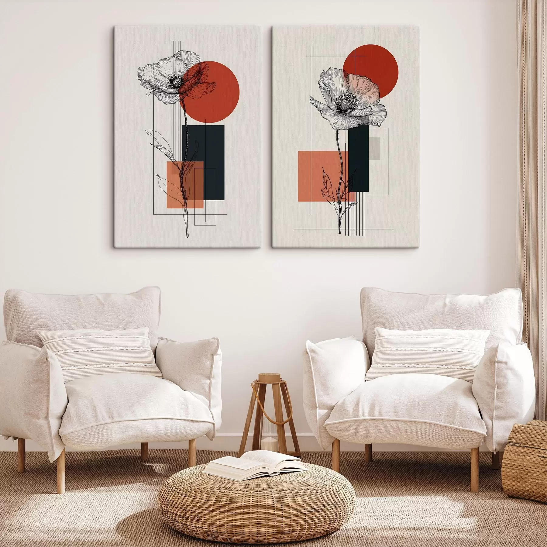 Tableau Des coquelicots stylisés sur un fond géométrique m30533