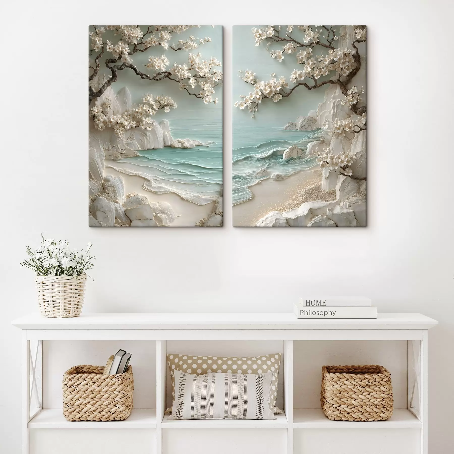 Tableau Arbres en fleurs au bord de la mer, en bas-relief m30542