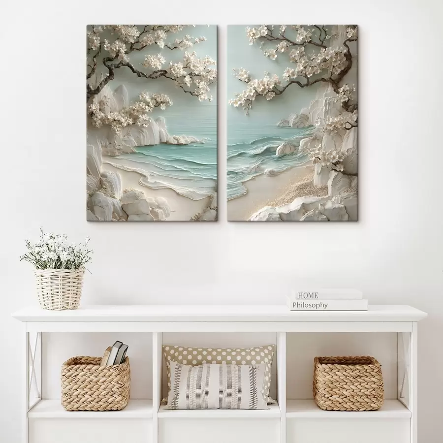 Tableau Arbres en fleurs au bord de la mer, en bas-relief m30542