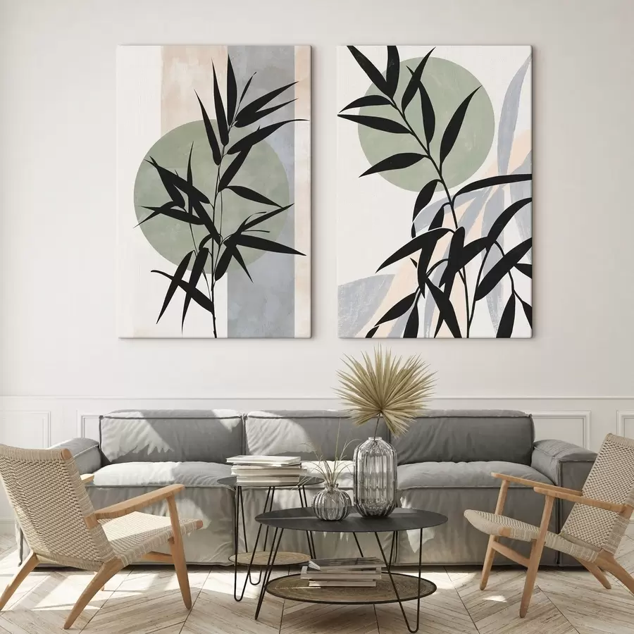 Tableau Une composition abstraite composée de silhouettes de feuilles et de cercles m30525