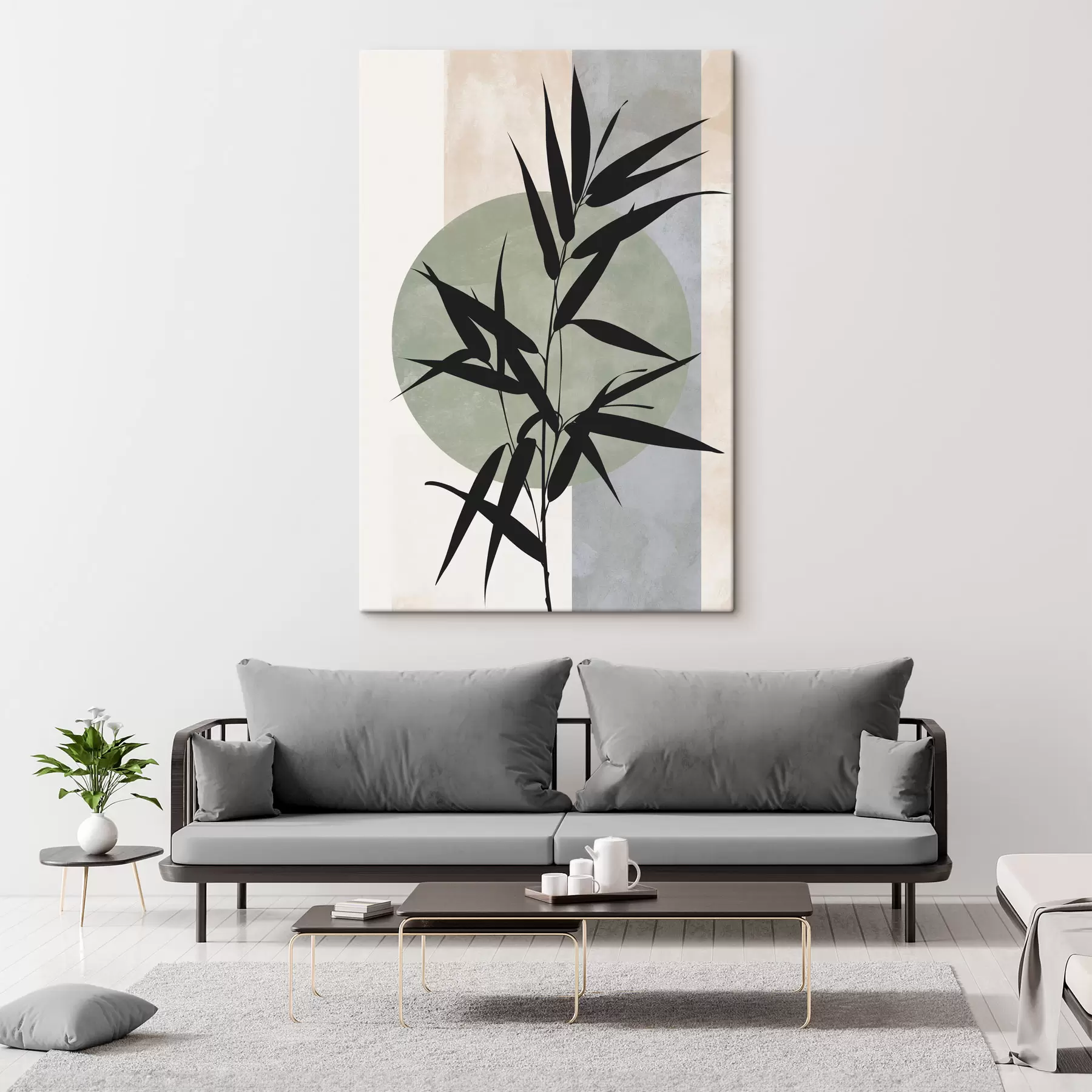 Tableau Une composition abstraite composée de silhouettes de feuilles et de cercles s49363