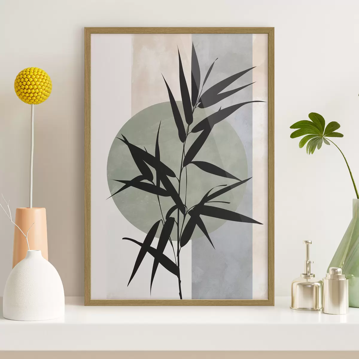 Poster Une composition abstraite composée de silhouettes de feuilles et de cercles f49363