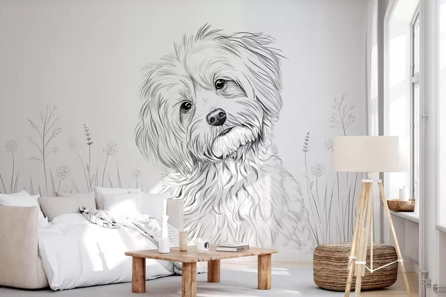 Papier peint Un joli dessin représentant un chien dans l'herbe w05656