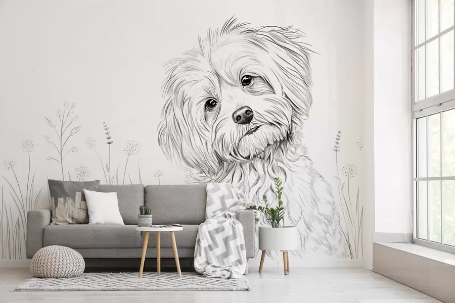 Papier peint Un joli dessin représentant un chien dans l'herbe w05656