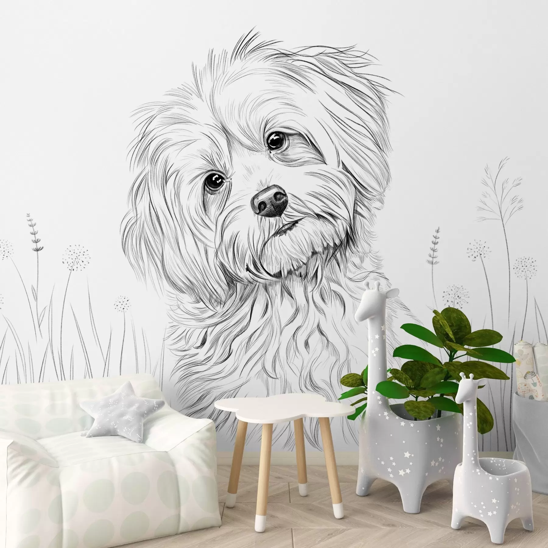 Papier peint Un joli dessin représentant un chien dans l'herbe w05656