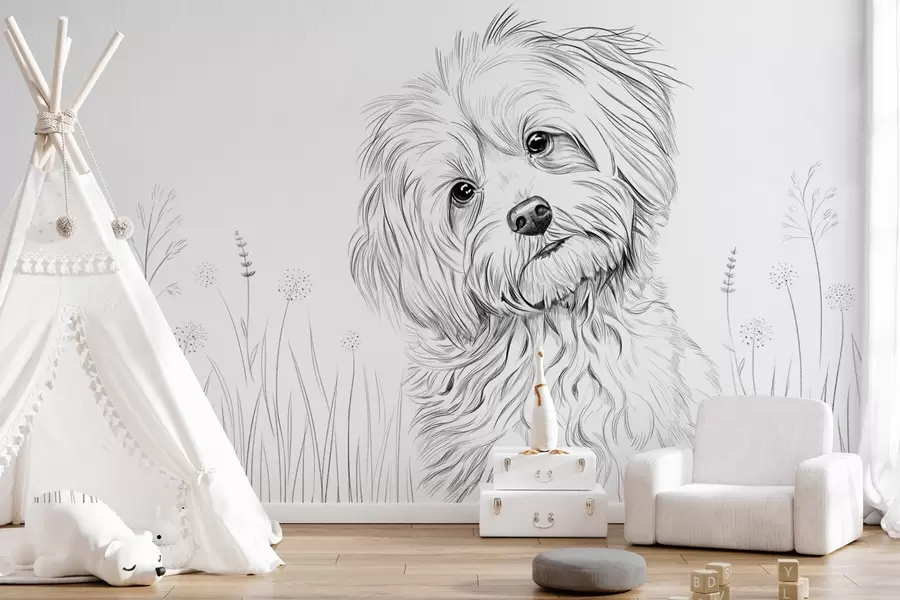 Papier peint Un joli dessin représentant un chien dans l'herbe w05656