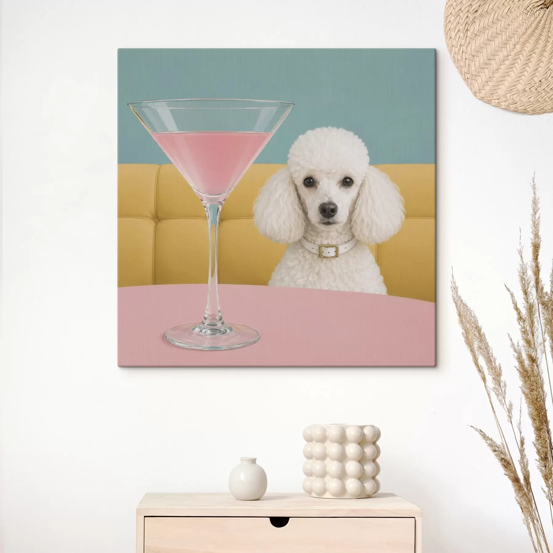 Tableau Un caniche blanc et un verre s49389