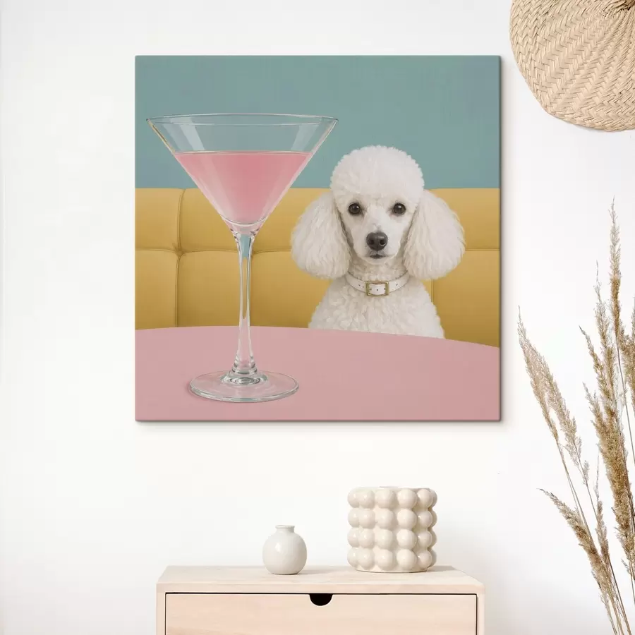 Tableau Un caniche blanc et un verre s49389