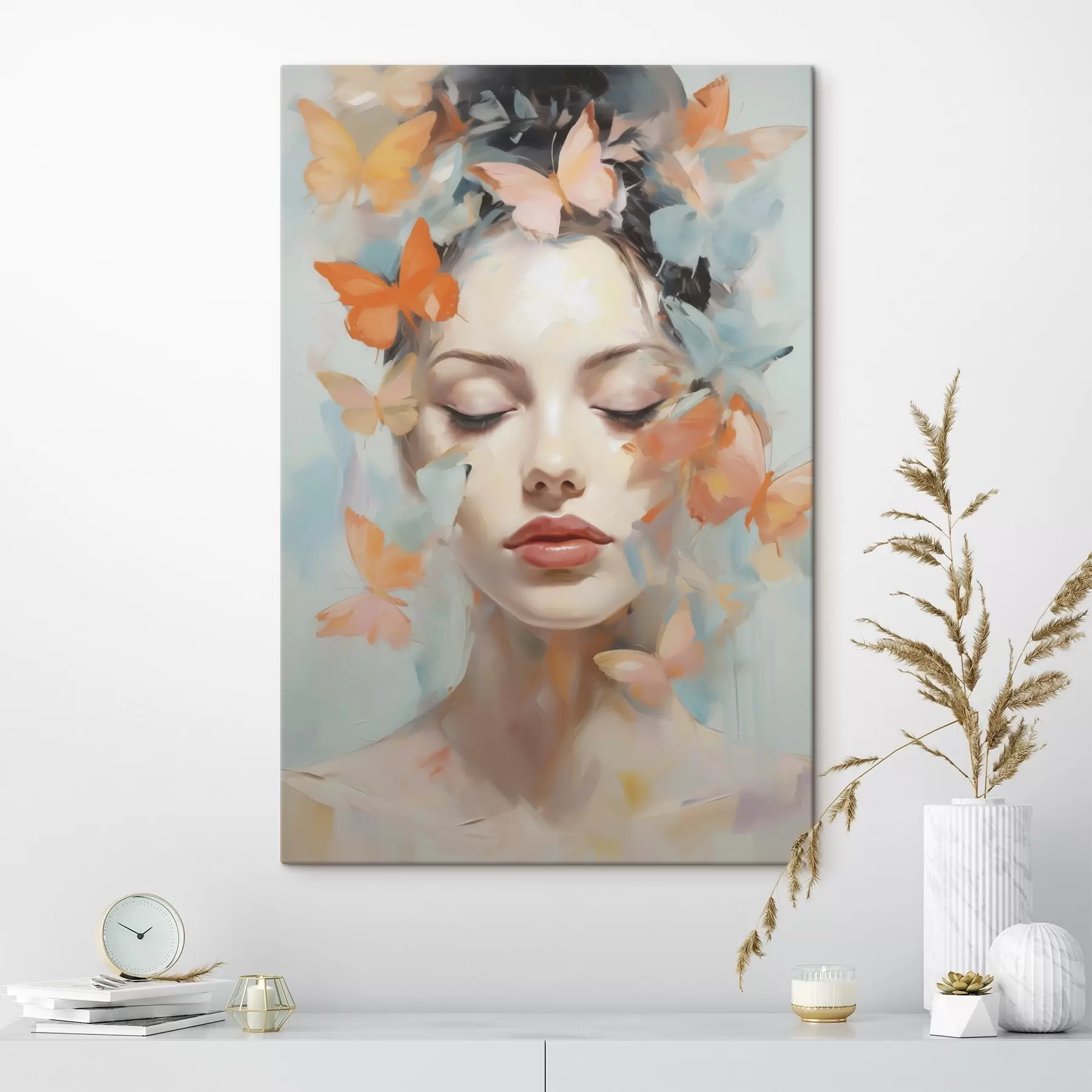 Tableau Portrait abstrait d'une jeune fille avec des papillons, imitation de peinture s49403