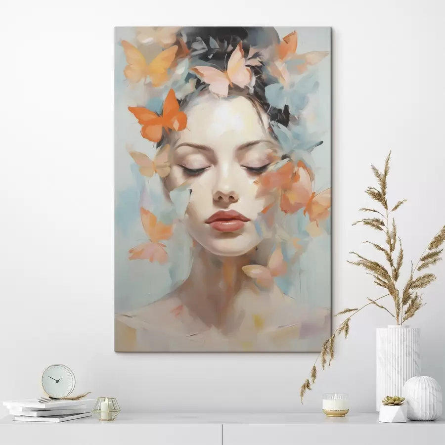 Tableau Portrait abstrait d'une jeune fille avec des papillons, imitation de peinture s49403