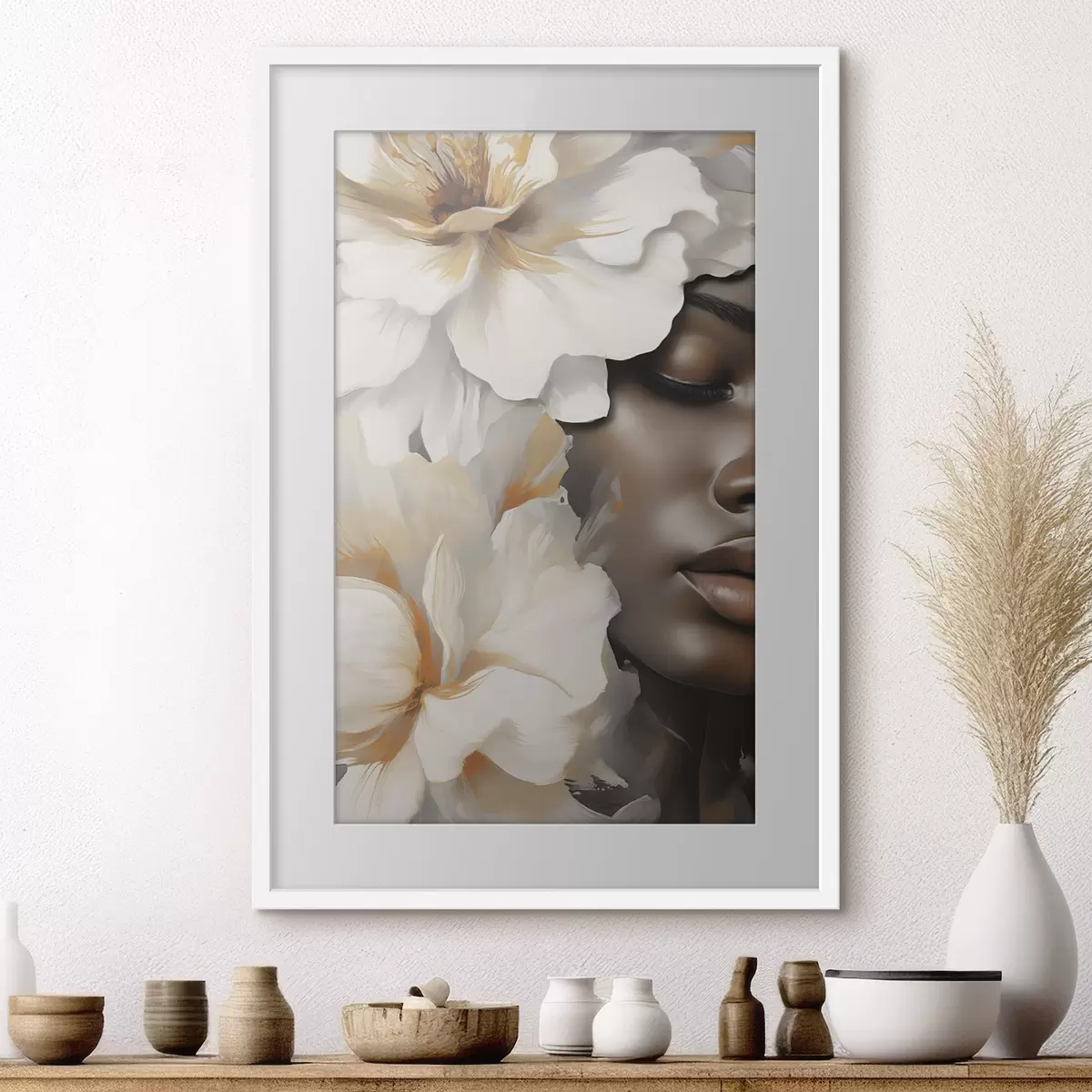 Poster Le visage d'une jeune fille parmi les fleurs f49391