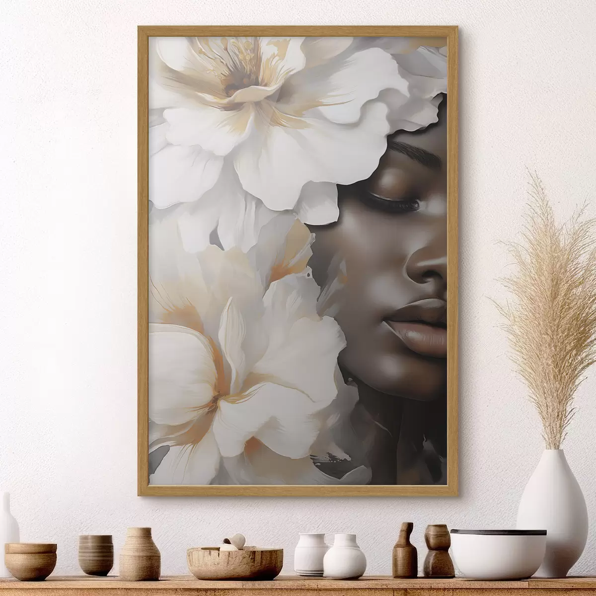 Poster Le visage d'une jeune fille parmi les fleurs f49391