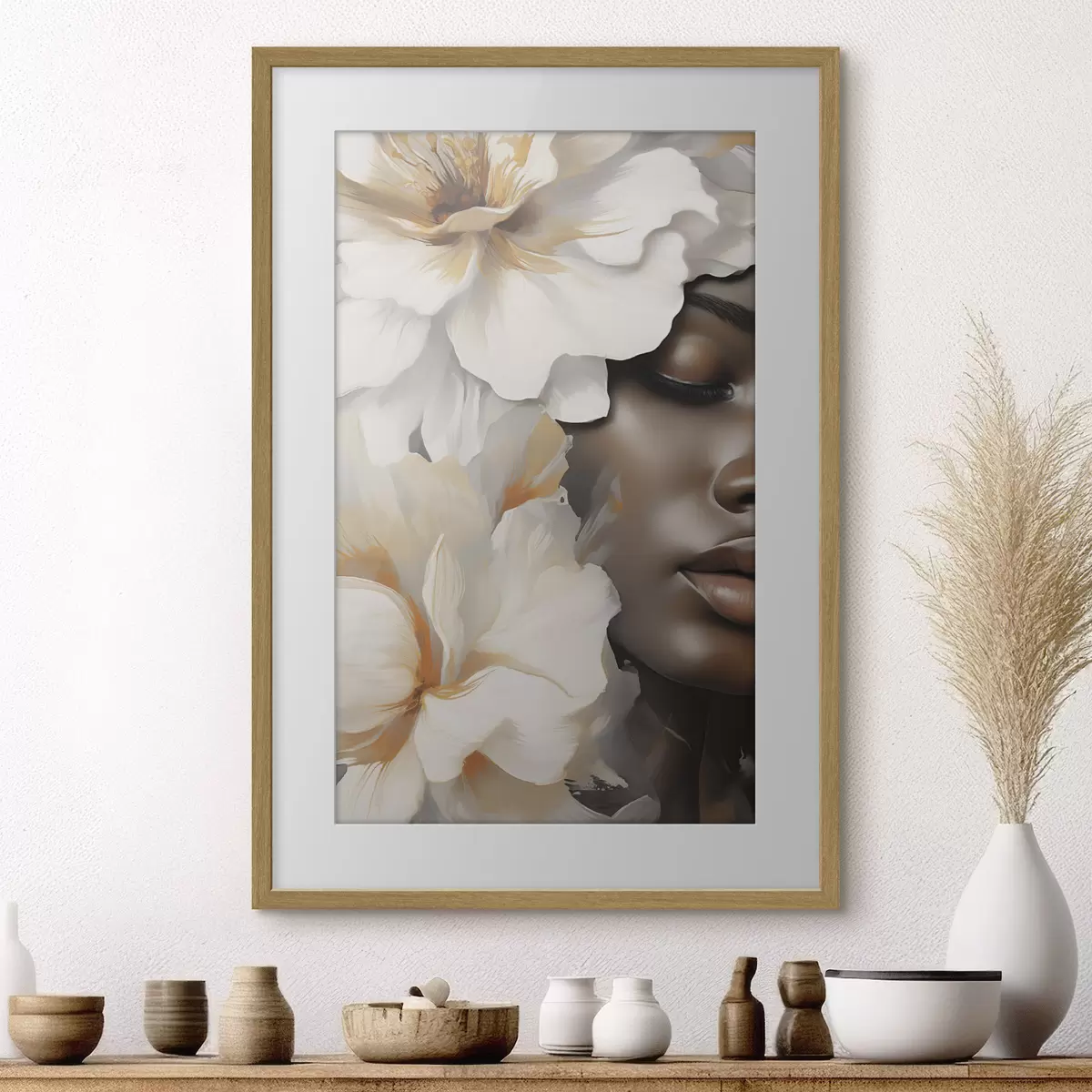 Poster Le visage d'une jeune fille parmi les fleurs f49391