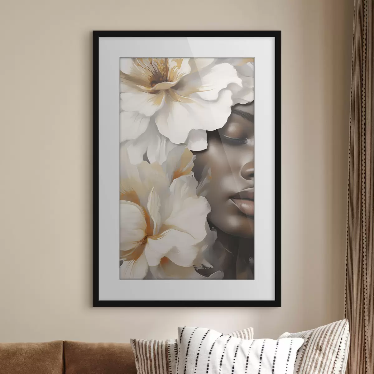 Poster Le visage d'une jeune fille parmi les fleurs f49391