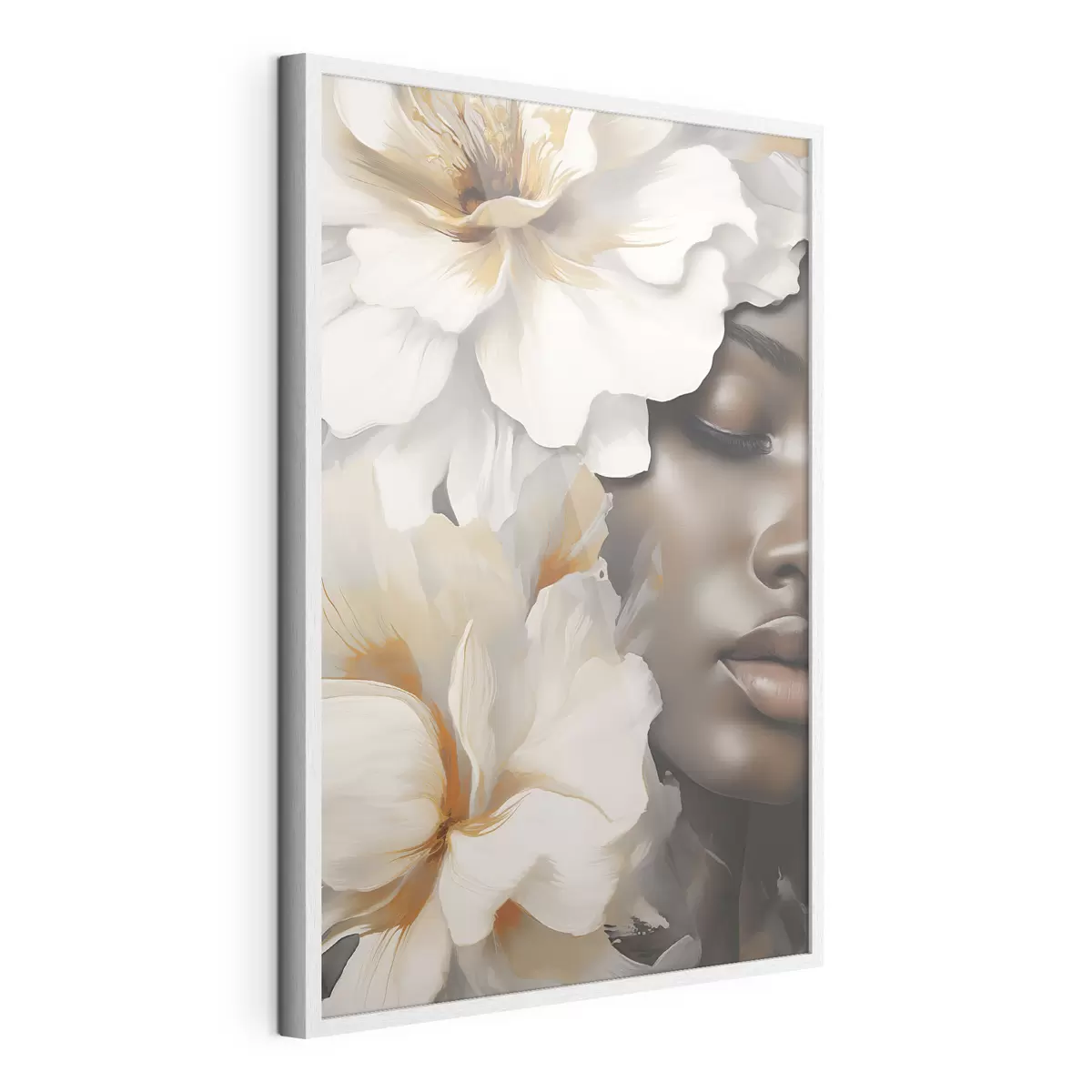 Poster Le visage d'une jeune fille parmi les fleurs f49391
