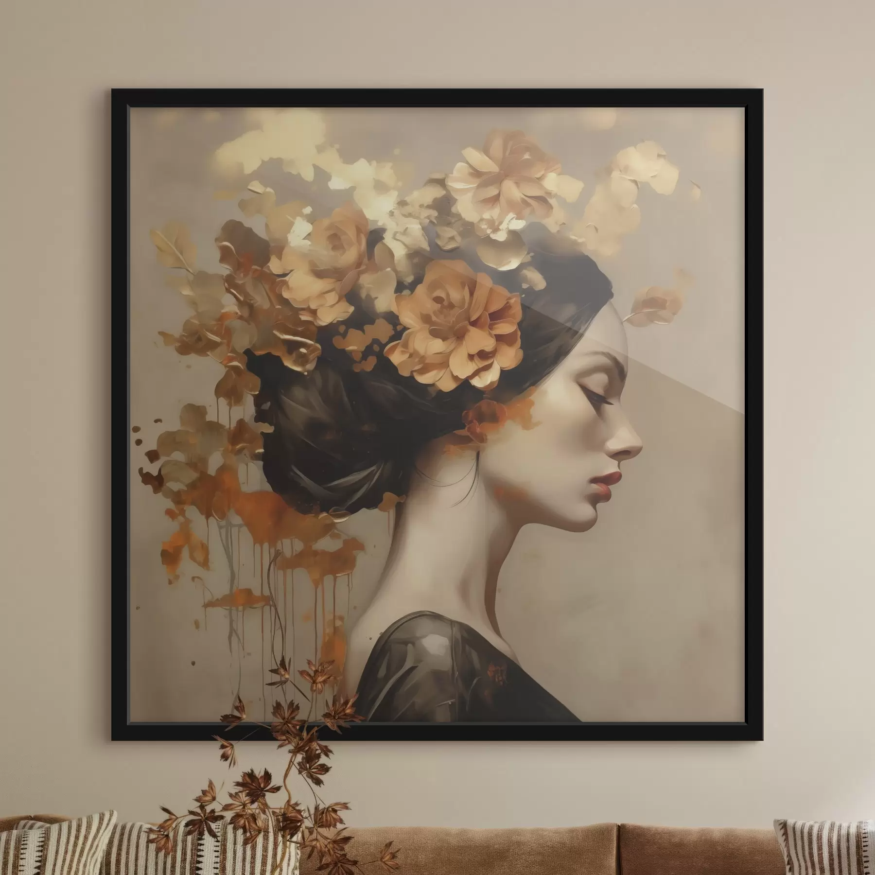 Papier peint Reproduction d'un tableau représentant une jeune fille avec des fleurs dans les cheveux f49401