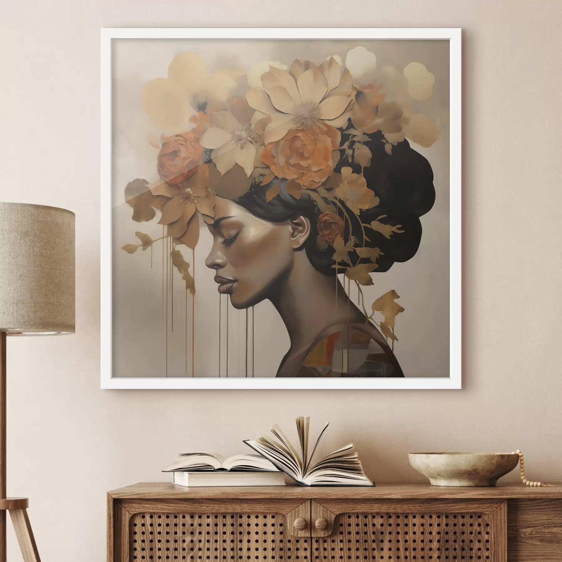 Papier peint Reproduction d'un tableau représentant une jeune fille avec des fleurs dans les cheveux f49402