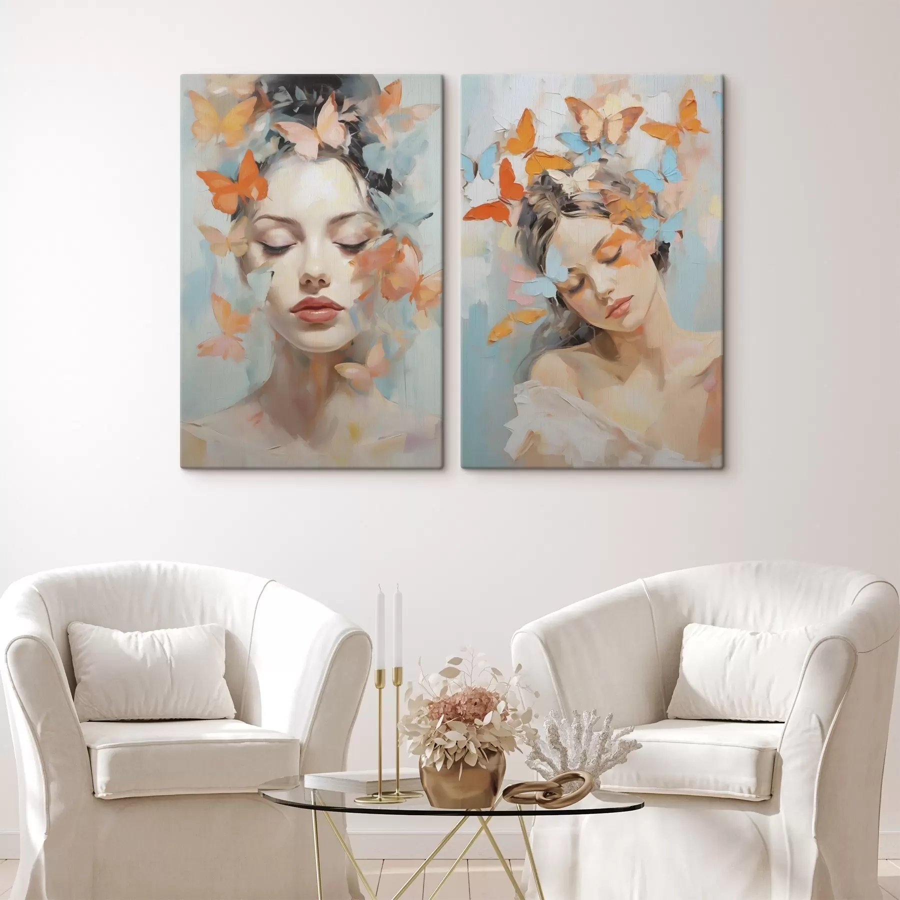 Tableau Portrait abstrait d'une jeune fille avec des papillons, imitation de peinture m30560