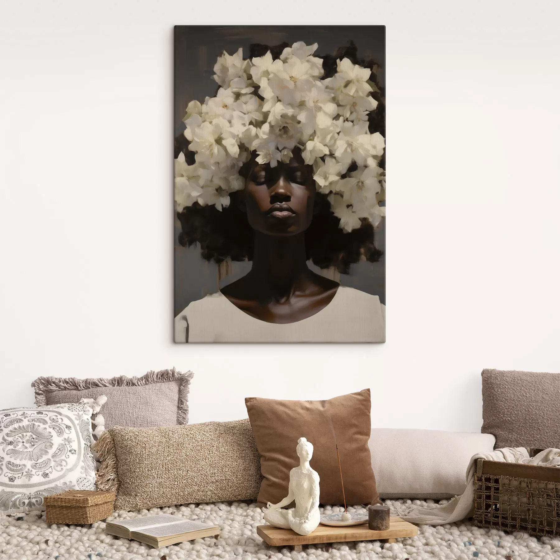 Tableau Femme avec des fleurs blanches s49455