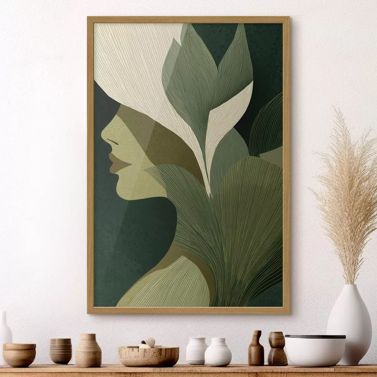 Poster Profil d'une femme avec des feuilles f49432