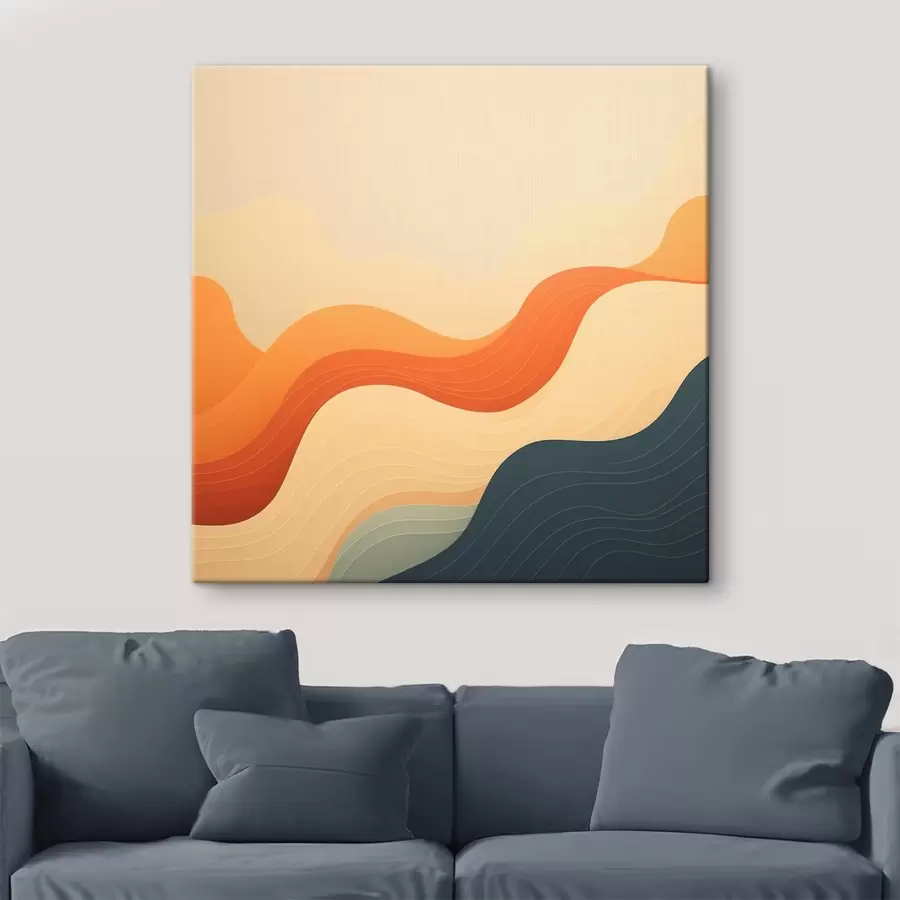 Tableau Paysage vallonné dans une palette de tons chauds beige-orange et bleu, dans un style abstrait s48879