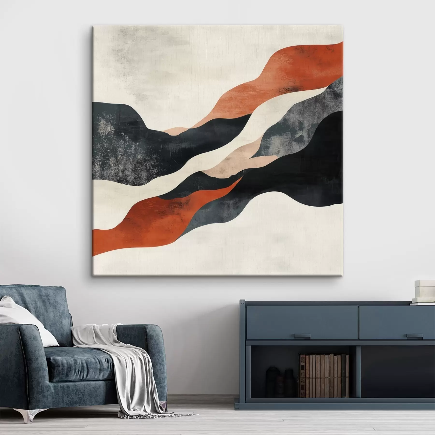 Tableau Paysage abstrait aux lignes ondulées, dans une palette contrastée de terracotta et de bleu foncé s48881
