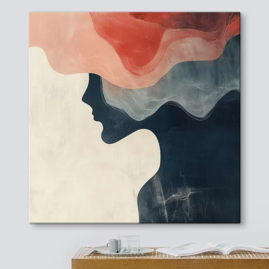 Tableau Silhouette féminine abstraite avec des vagues corail et bleues, dans un style minimaliste s48882