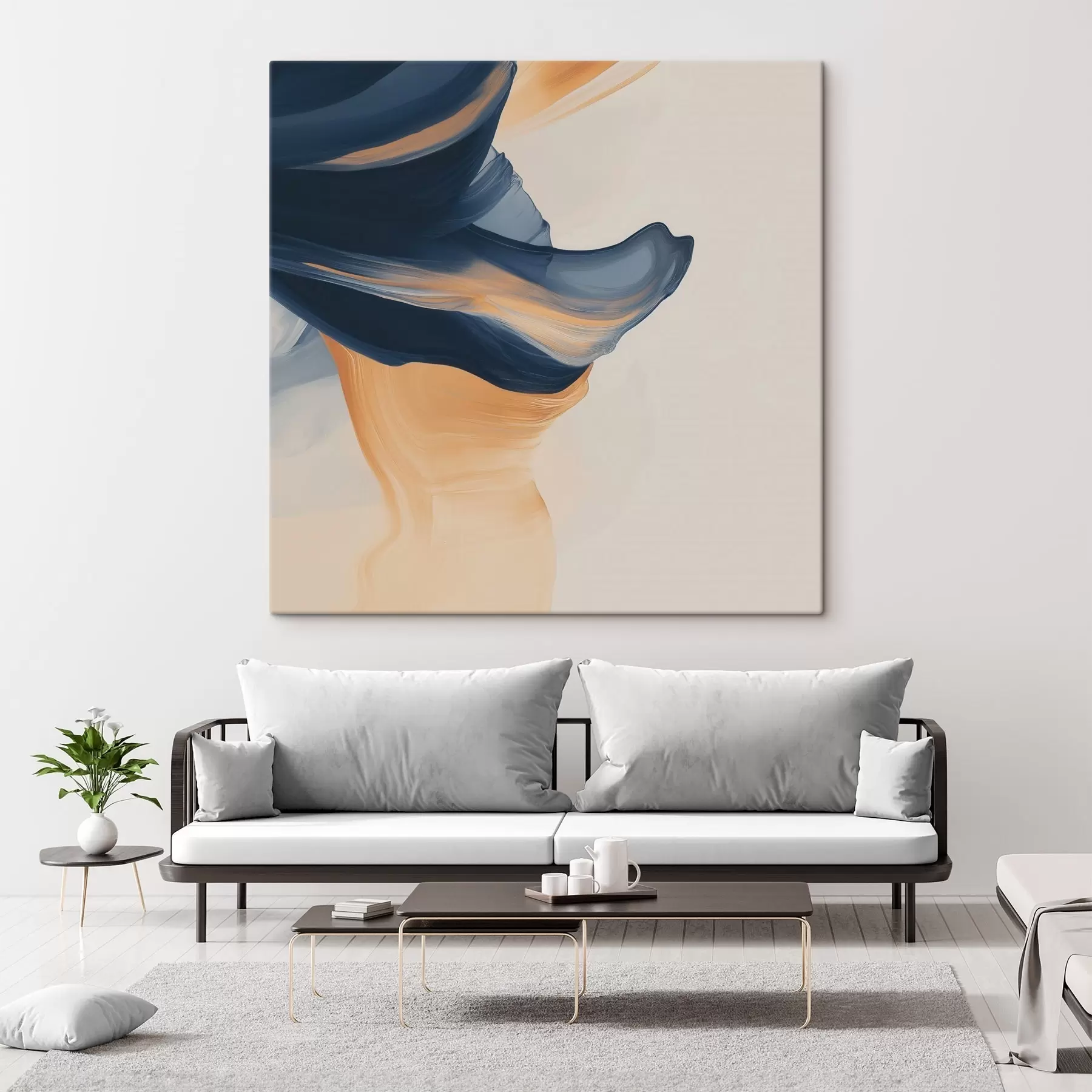 Tableau Composition aux tons bleu profond et pêche chaleureux, dans un style pictural contemporain s48883