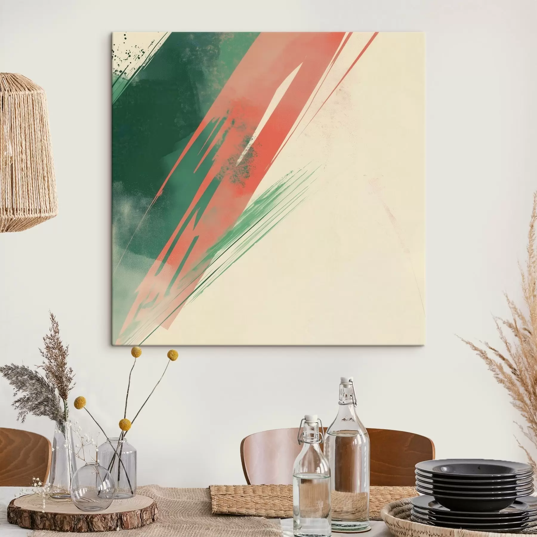 Tableau Composition abstraite et dynamique, avec des touches de pinceau expressives dans les tons verts et corail s48885