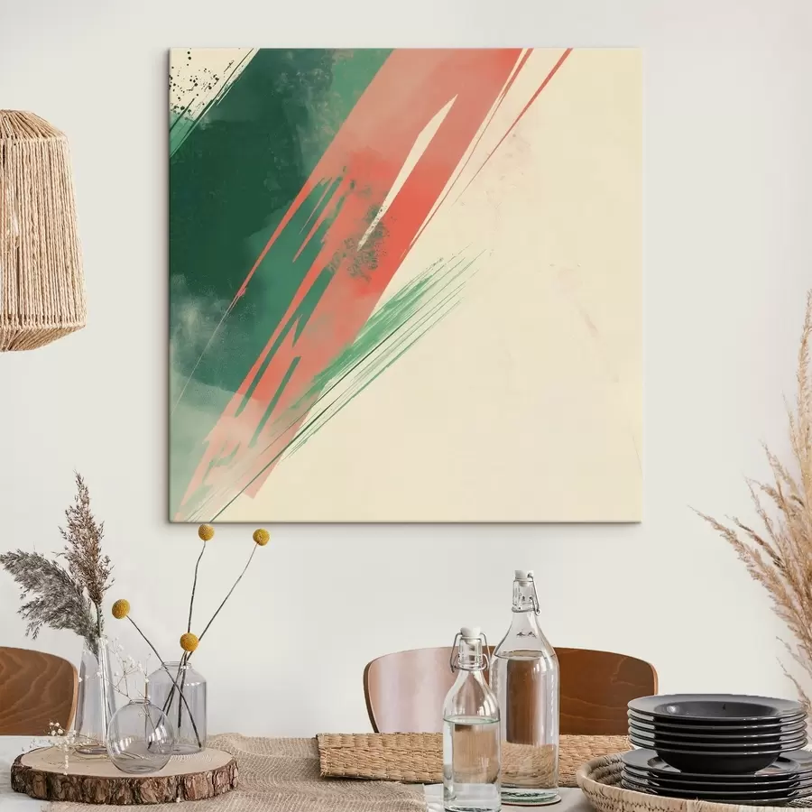 Tableau Composition abstraite et dynamique, avec des touches de pinceau expressives dans les tons verts et corail s48885