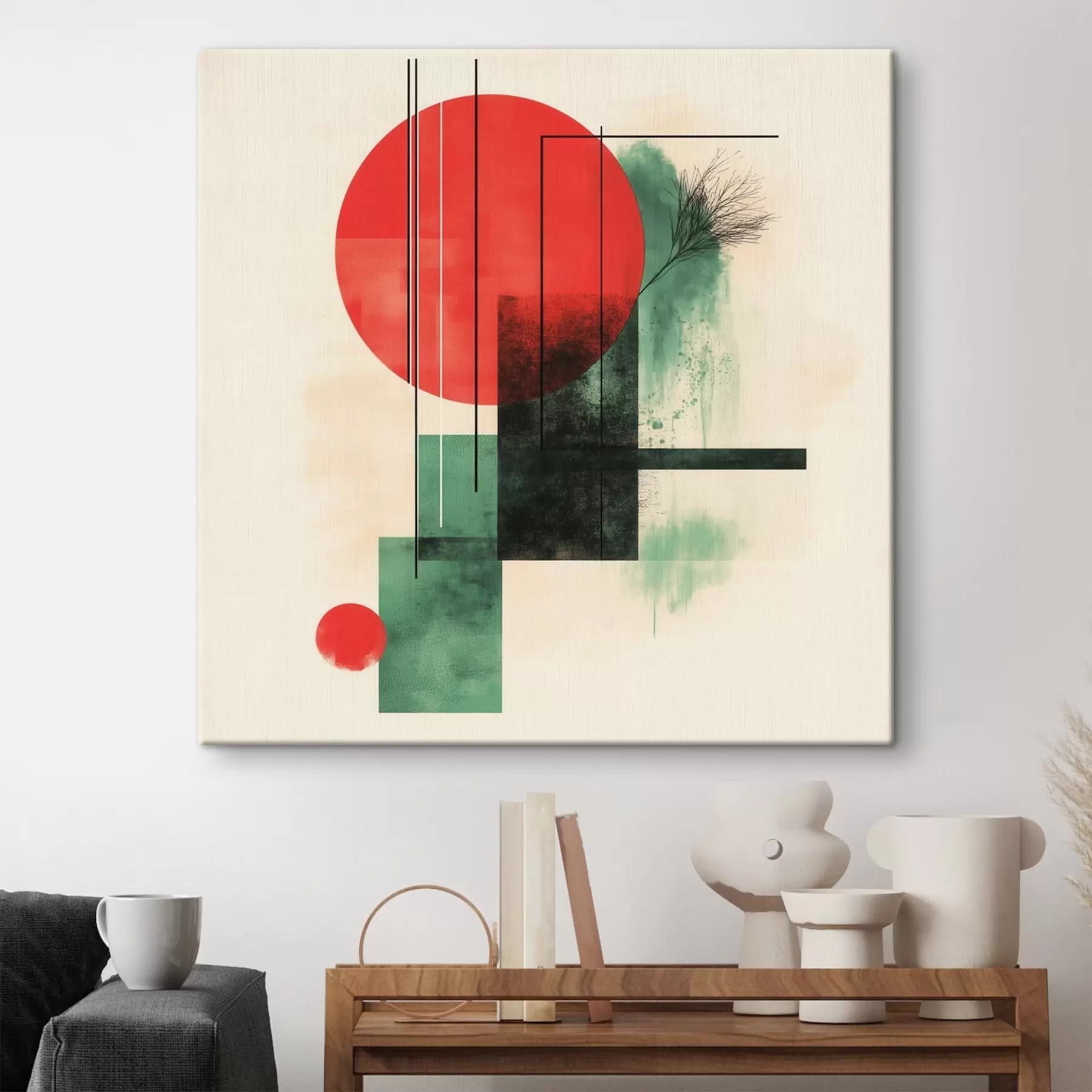 Tableau Composition artistique contemporaine aux lignes graphiques et aux éléments texturés s48887