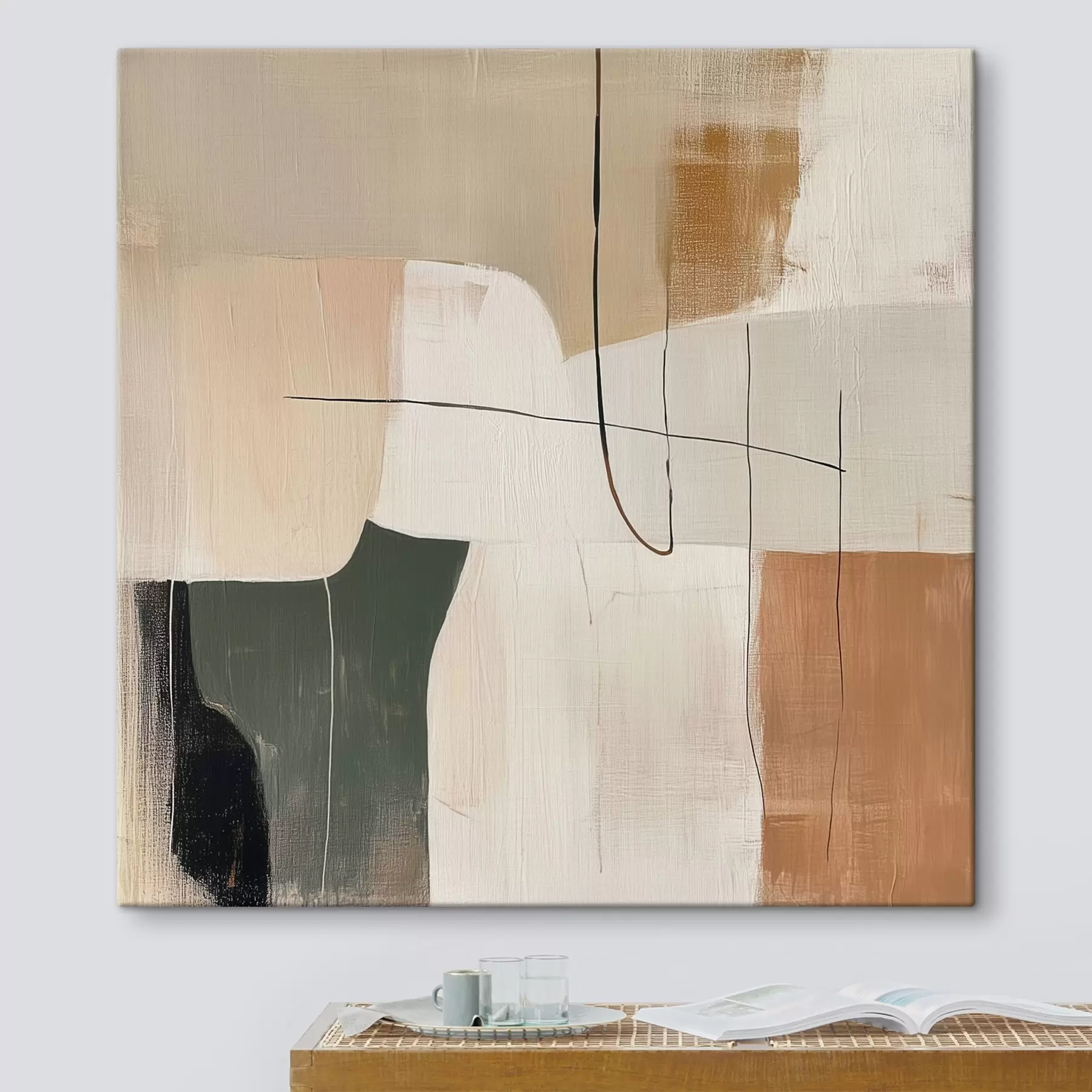 Tableau Peinture abstraite d'intérieur dans des tons pastel, ocre et olive s48889