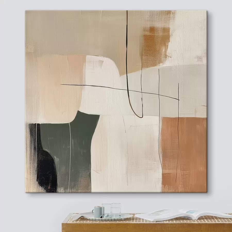 Tableau Peinture abstraite d'intérieur dans des tons pastel, ocre et olive s48889