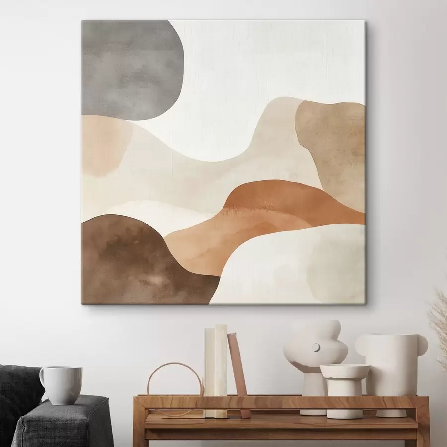 Tableau Paysage abstrait aux lignes fluides, dans une palette de tons beiges et bruns chauds s48893