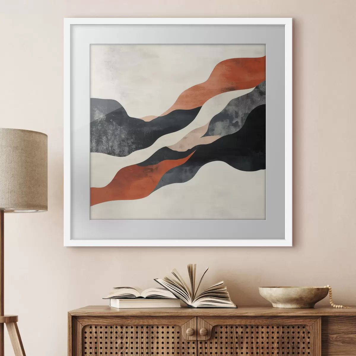 Poster Paysage abstrait aux lignes ondulées, dans une palette contrastée de terracotta et de bleu foncé f48881