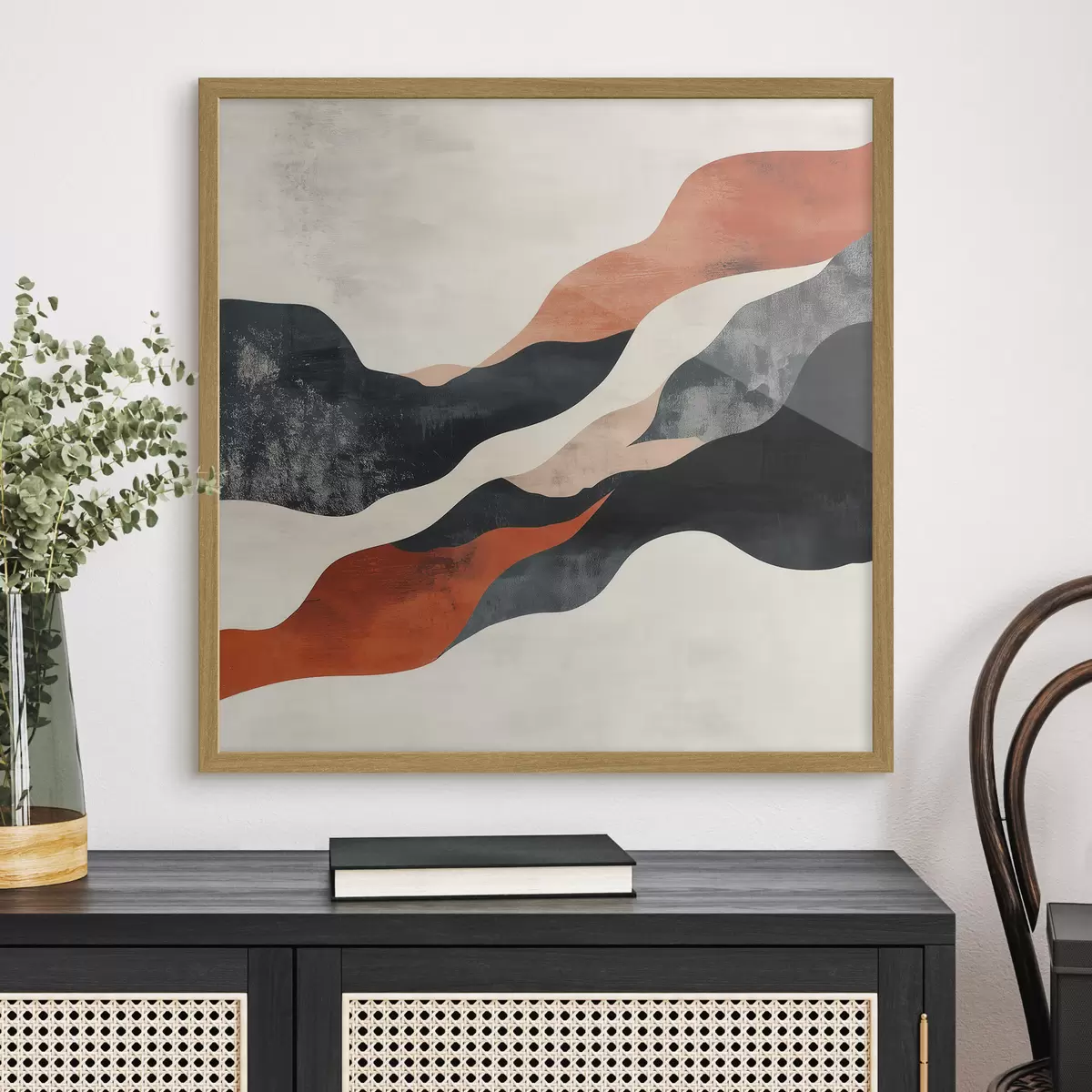 Poster Paysage abstrait aux lignes ondulées, dans une palette contrastée de terracotta et de bleu foncé f48881