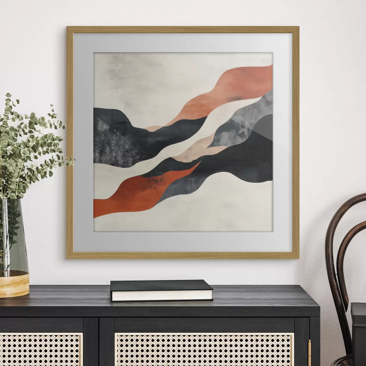 Poster Paysage abstrait aux lignes ondulées, dans une palette contrastée de terracotta et de bleu foncé f48881
