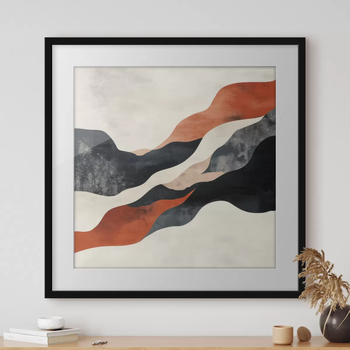 Poster Paysage abstrait aux lignes ondulées, dans une palette contrastée de terracotta et de bleu foncé f48881