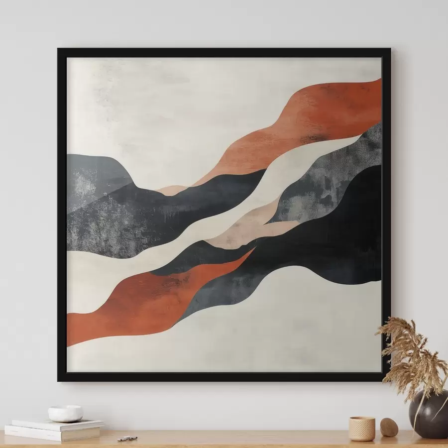 Papier peint Paysage abstrait aux lignes ondulées, dans une palette contrastée de terracotta et de bleu foncé f48881