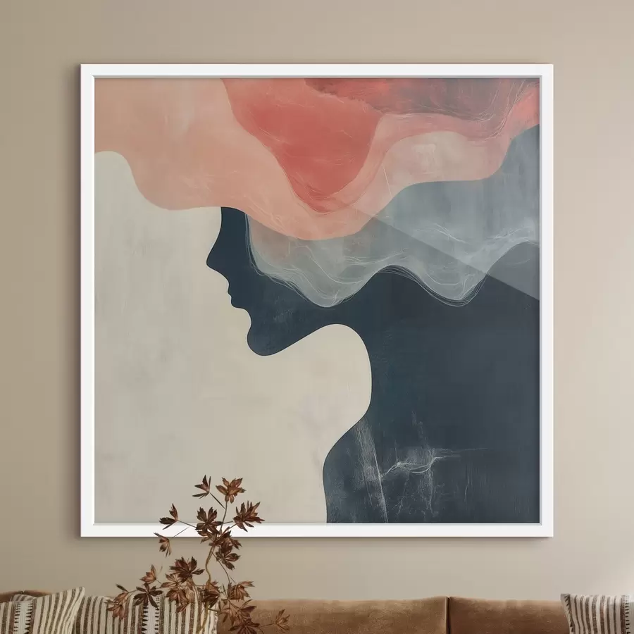 Papier peint Silhouette féminine abstraite avec des vagues corail et bleues, dans un style minimaliste f48882